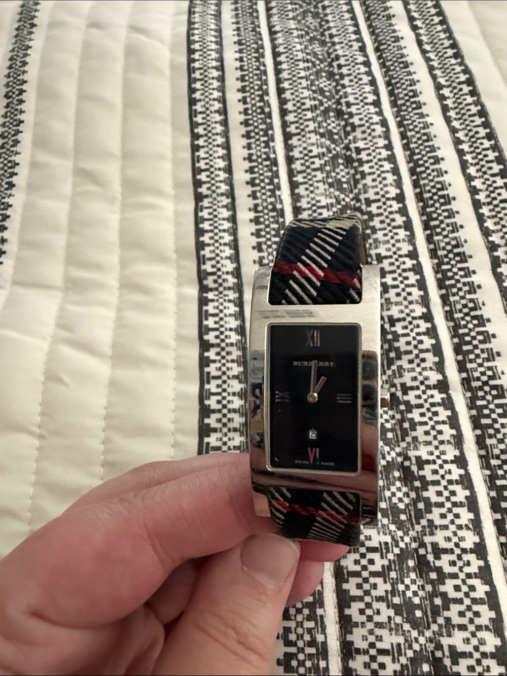 Burberry Black Dial Plaid Strap Rectangular Women's Watch